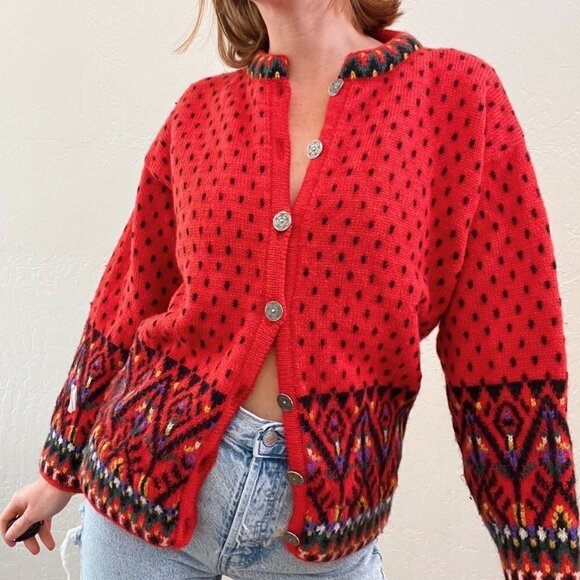 Vintage Sweaters - Vintage 1980s/90s Red Chunky Knit Fair Isle Cardigan Sweater